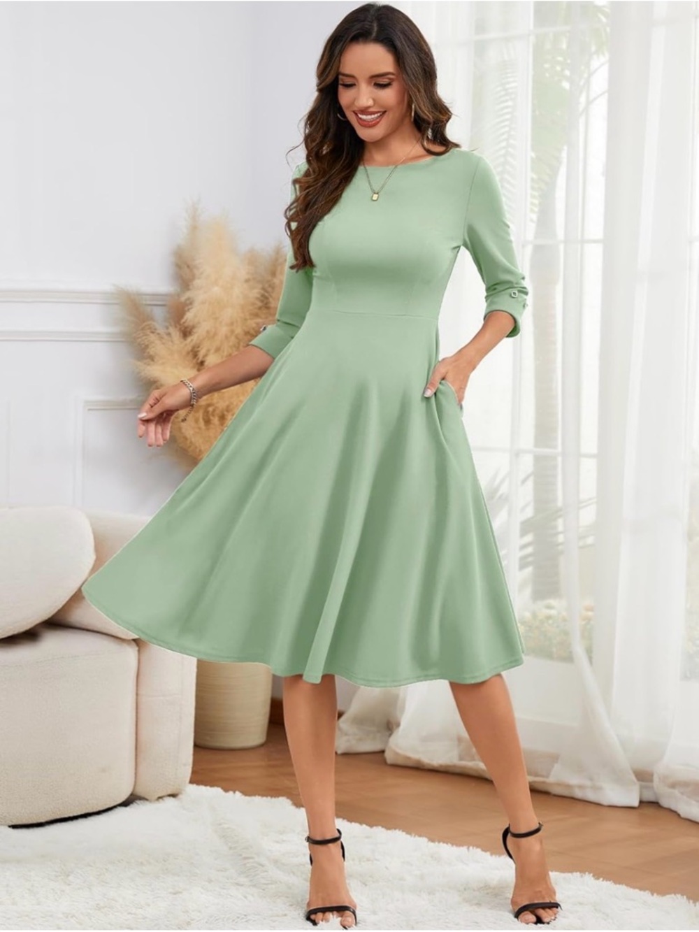 Elegant Light Green Fit-and-Flare Dress - Classic Women's Midi